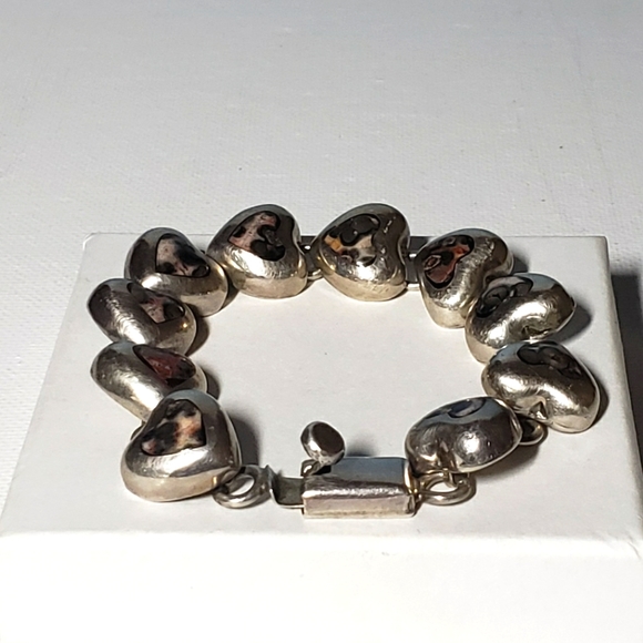 Jewelry - Vinatge Mexico sterling silver leopard jasper inlay heart link bracelet